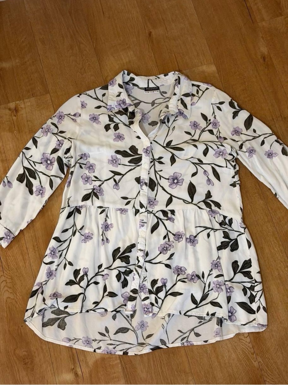 Button-Front White Floral Shirt with Lavender Blooms